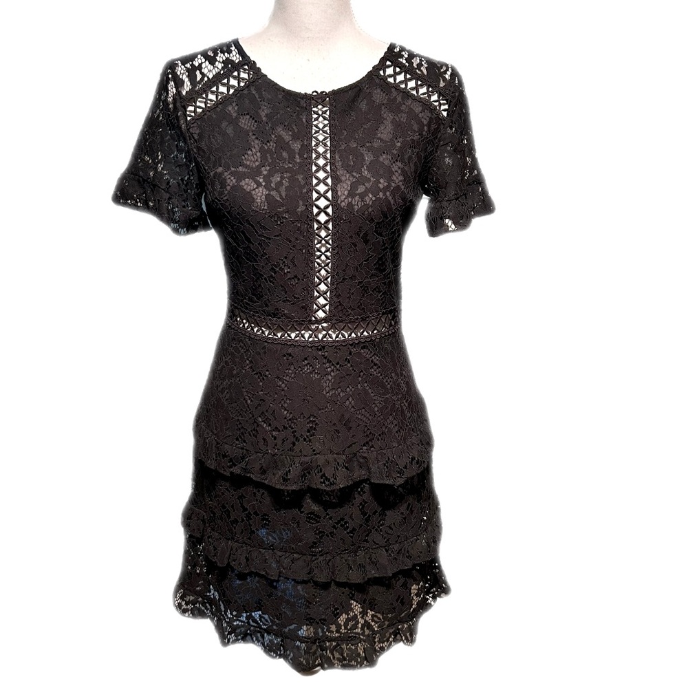 Black Lace Mini Cocktail Dress Ruffle Whimsigoth Coquette Twee Small Fit Flare